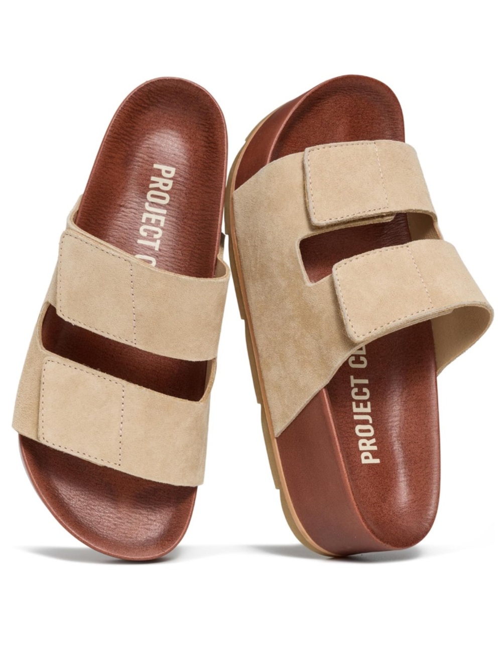 Project Cloud 100% Leather Tan Suede Platform Double-Strap Slide Sandals